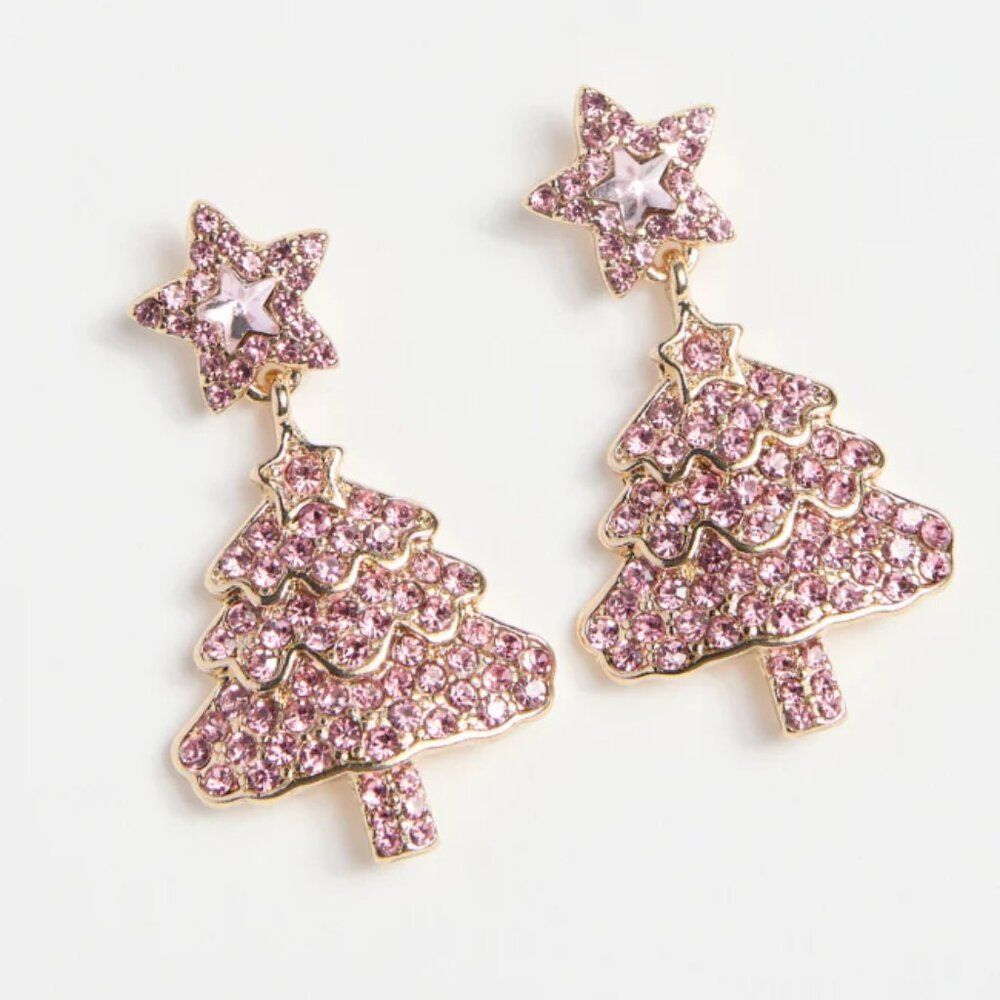 Pink Crystal Studded Christmas Tree Earrings Glam Chic Elegant NEW! 110A2